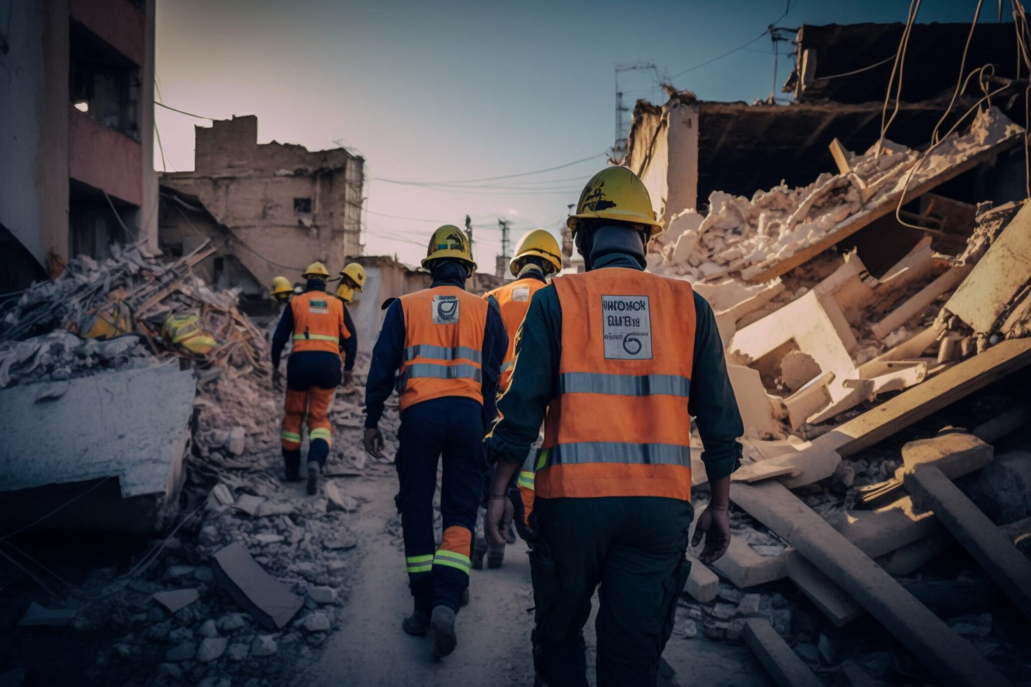 Rescuers in uniform and helmets dismantle the rubble of houses after the earthquake, the ruined city and multi-storey buildings, disaster, the consequences of a strong earthquake. Generative AI.